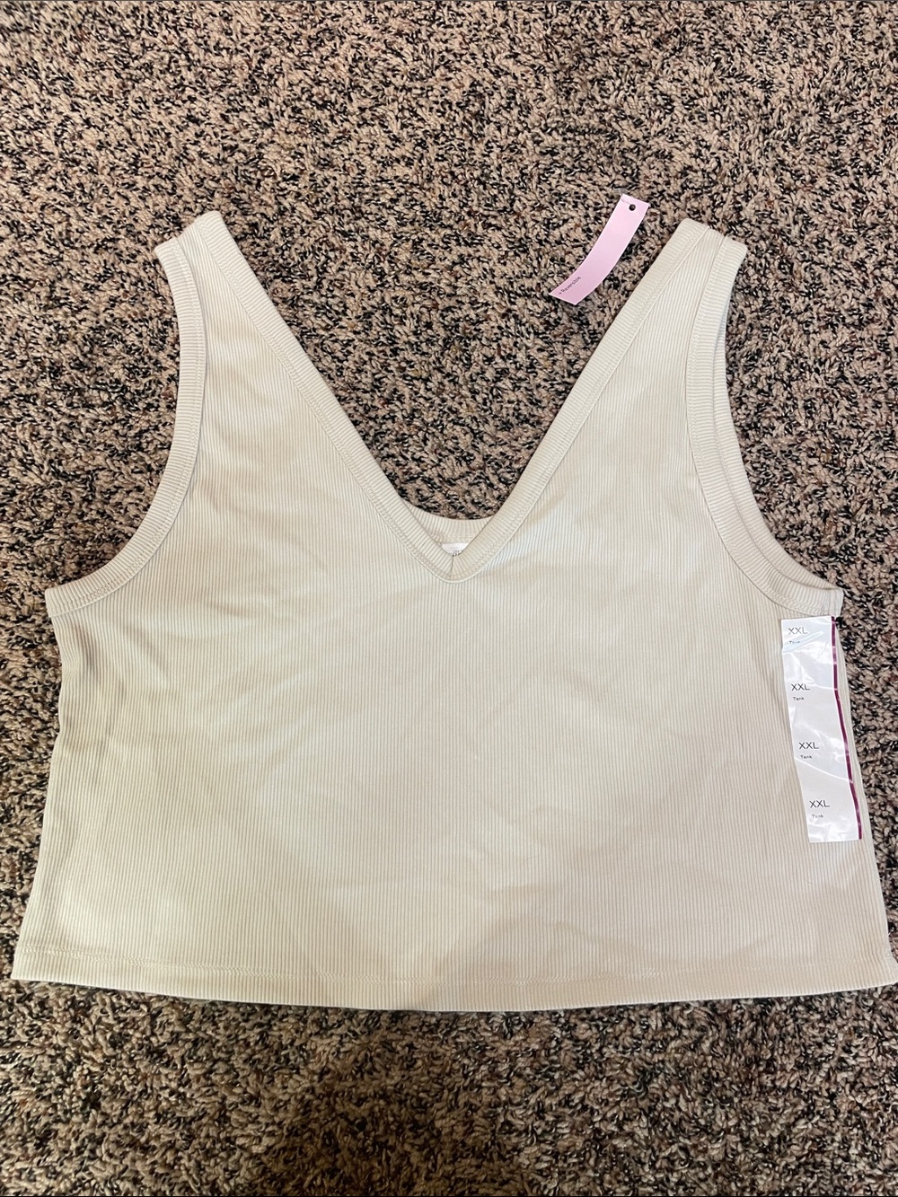 V-Neck Ribbed Cropped Tank Top in Light Beige Plus Size XXL NWT